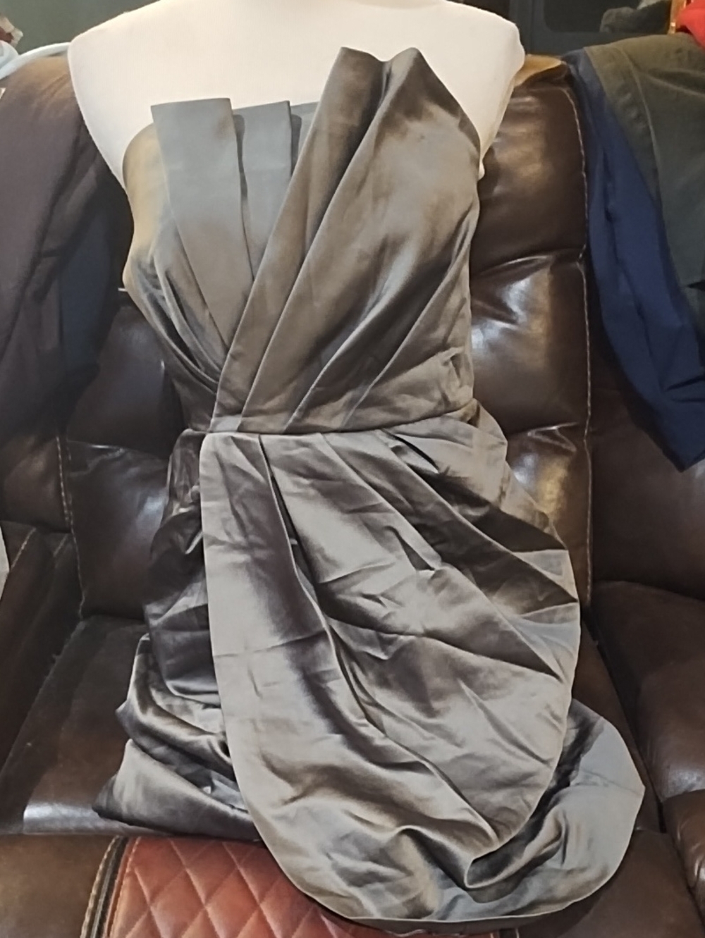 Vera Wang Strapless Draped Satin Dress in Steel Gray